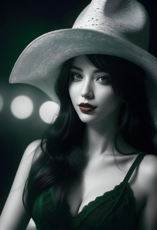 Portrait of a beautiful brunette woman in a hat and green dressの素材