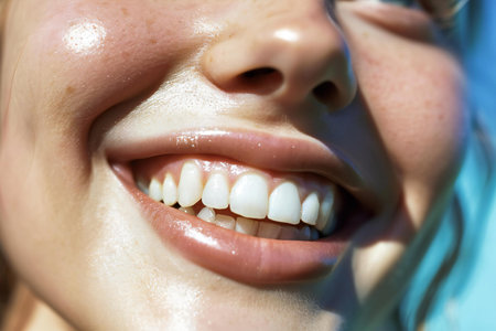 Closeup of a smiling young woman's mouth with white teeth.の素材