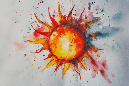 Watercolor painting of sun and watercolor splashes on white backgroundの素材