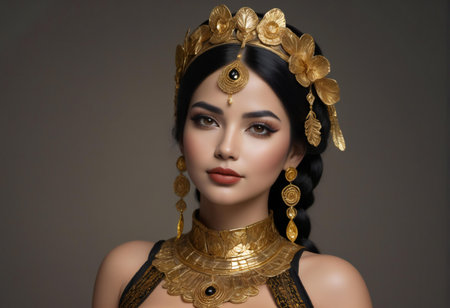 Portrait of beautiful asian woman with golden make up and jewelryの素材