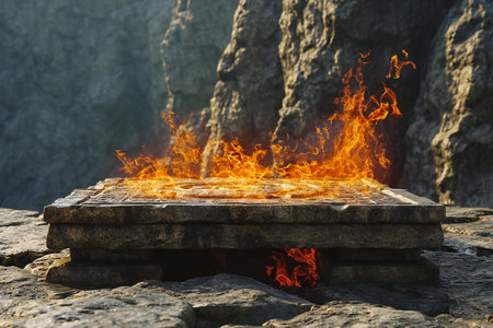 Burning fire on a wooden platform on the rocks in the wildの素材