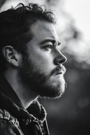 Portrait of a handsome man with a beard. Black and white photo.の素材