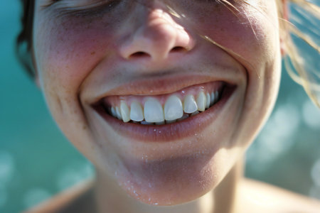 Close up of a smiling girl with white teeth on the beach.の素材