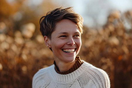 Portrait of a smiling young woman in a white sweater on a background of autumn fieldの素材
