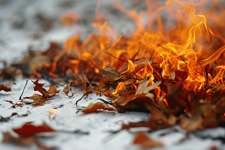 Burning dry leaves on a white background. Close-up.の素材