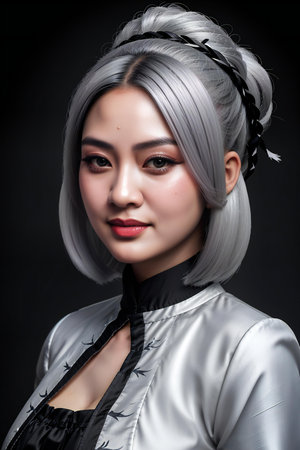 Beautiful asian woman with white hair and black dress on black backgroundの素材