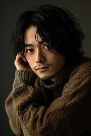 Portrait of a handsome young man in a warm sweater on a dark backgroundの素材