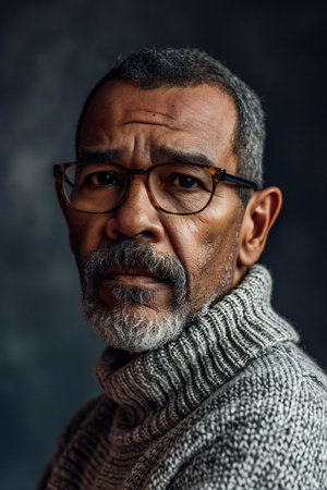 Portrait of an old man with eyeglasses and a sweater.の素材