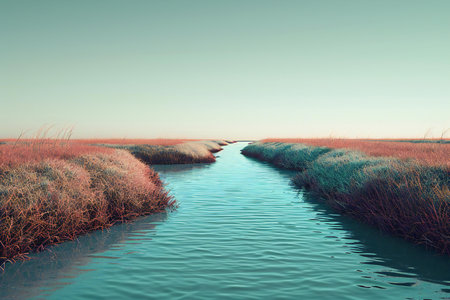 Beautiful landscape with river and reeds.の素材