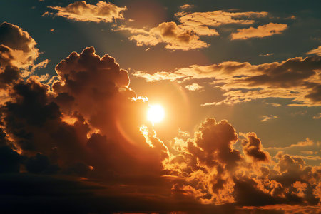 Dramatic sunset with clouds and sun. Nature background. Toned.の素材