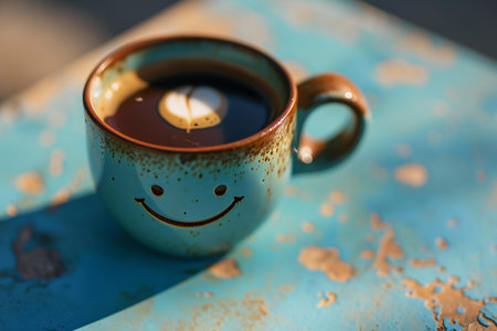 Cup of coffee with smiley face on blue background. Close-up.の素材