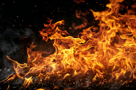 Fire flames on black background. Abstract blaze fire flame texture background.の素材