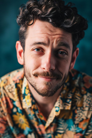 Portrait of a handsome young man in a colorful shirt on a dark backgroundの素材