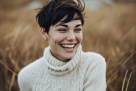 Portrait of a beautiful young woman in a knitted sweater smiling and looking at the camera.の素材