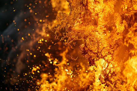 Flames of fire with sparks on a black background. Close-upの素材
