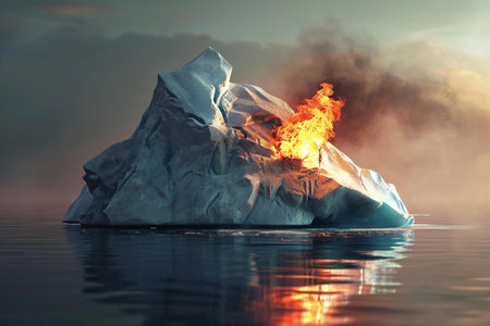 Burning iceberg in the ocean. Global warming concept.の素材