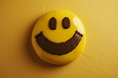 Funny smiley cake on yellow background, top view. Funny foodの素材