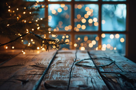 Wooden table with christmas lights and garland on background.の素材