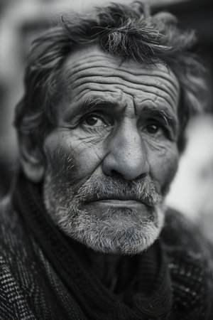 Portrait of an old man in a black and white photo.の素材