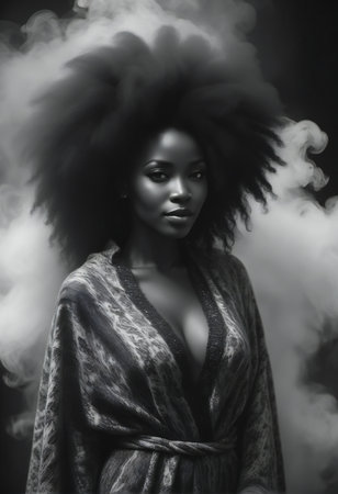 Black and white portrait of a beautiful african american woman with afro hairstyleの素材