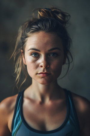 Portrait of beautiful young woman in sportswear looking at cameraの素材