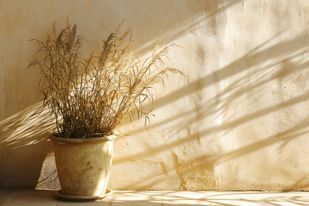 Pampas grass in vase on the background of the wallの素材