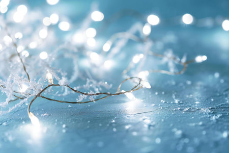Christmas background with bokeh lights and snowflakes on blueの素材