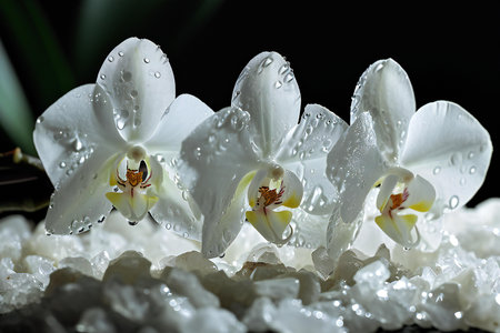 Beautiful white orchid with water drops on black background, closeupの素材