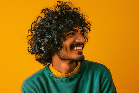 Portrait of a smiling african american man with curly hair on yellow backgroundの素材