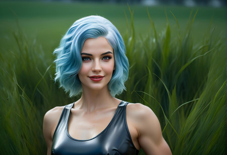 Beautiful young woman with blue hair in a green field. Beauty, fashion.の素材
