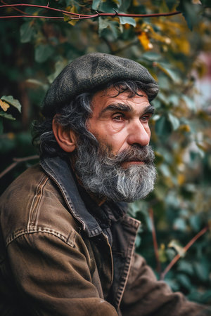 Portrait of an old man with a gray beard and a beret in the autumn parkの素材