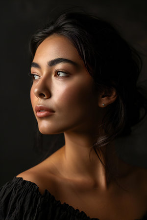 Portrait of a beautiful young woman with dark hair and makeup.の素材