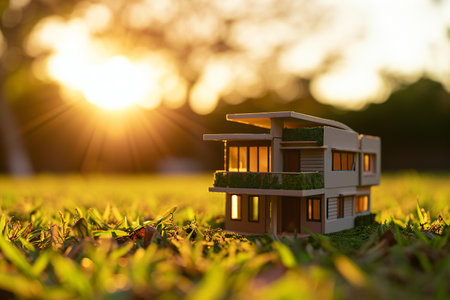 Miniature house model on green grass field with sunset light background.の素材