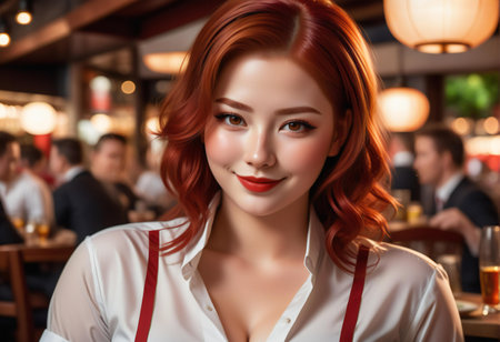 beautiful young asian woman with red hair in a cafe.の素材