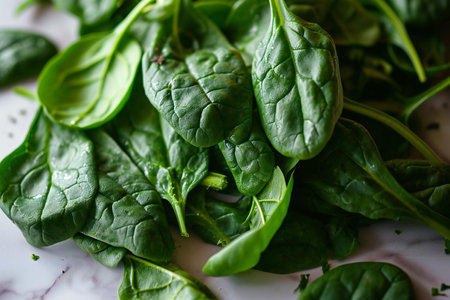 Fresh green spinach leaves on white marble background. Healthy food concept.の素材