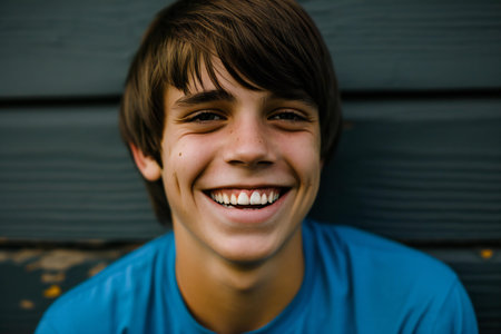 Portrait of a smiling young boy in a blue t-shirtの素材