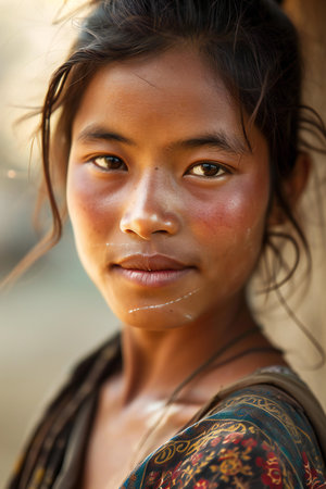 Portrait of a young Burmese woman. 68 per cent of Myanma people belong to Bamar ethnic groupの素材