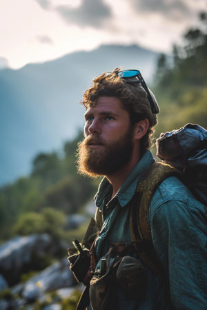 Handsome bearded man with backpack hiking in the mountains at sunsetの素材