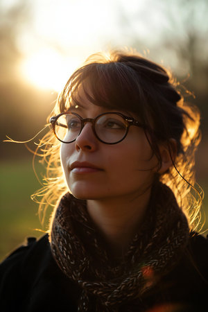 Portrait of a beautiful girl in glasses and scarf in the park at sunsetの素材