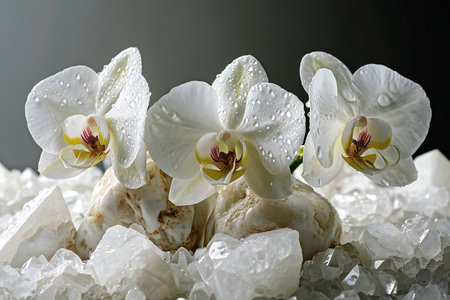 White orchids with water drops on a white rock background.の素材