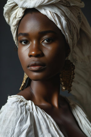 Portrait of a beautiful african woman in a white turbanの素材