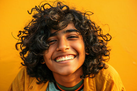 Portrait of a smiling boy with curly hair on the yellow backgroundの素材