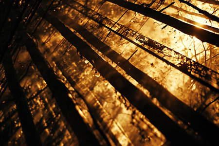 abstract background of sun rays through the branches of a pine treeの素材