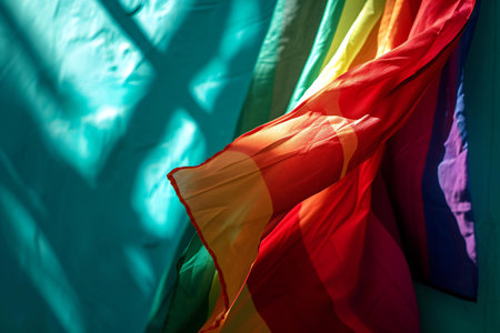 Rainbow flag on a blue background. Close-up. Selective focus.の素材