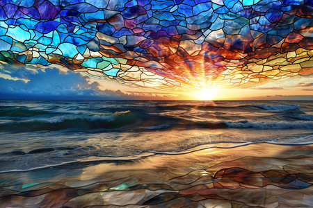Stained glass window on a beach at sunset.の素材