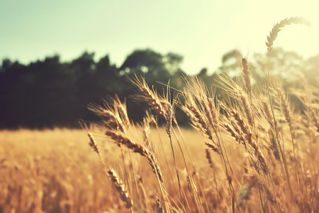 Wheat field and blue sky. Nature background. Vintage tonedの素材