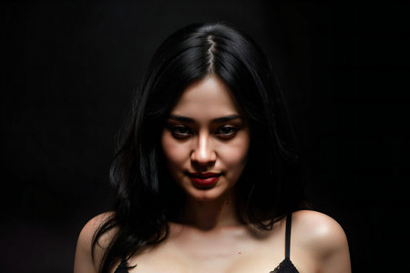 Portrait of a beautiful young woman in black lingerie on a dark backgroundの素材
