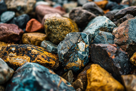 Rocky beach with pebbles. Colorful pebbles backgroundの素材