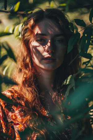 Portrait of a beautiful young woman with red hair in the garden.の素材