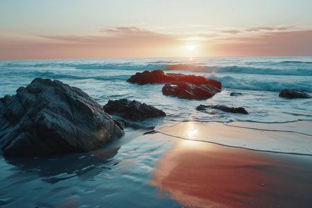 Beautiful seascape with rocks on the beach at sunset.の素材